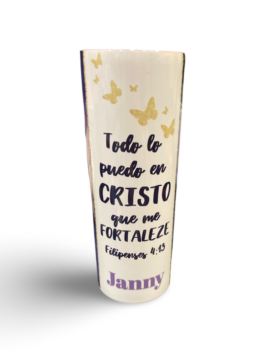 "Todo Lo Puedo en Cristo Que Me Fortalece" 20oz Personalized Stainless Steel Tumbler with Engraved Name (With Metal Straw and Lid)