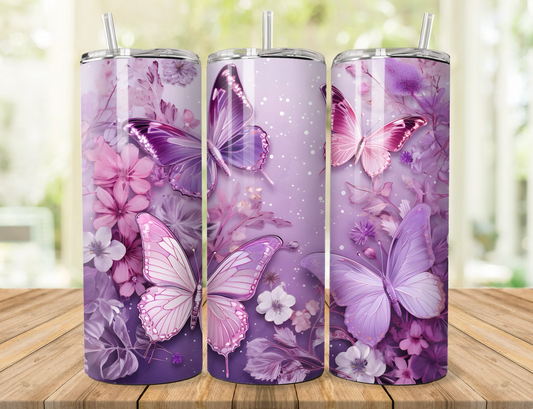 "Purple Butterflies and Flowers" 20oz Personalized Stainless Steel Tumbler with Engraved Name (With Metal Straw and Lid)