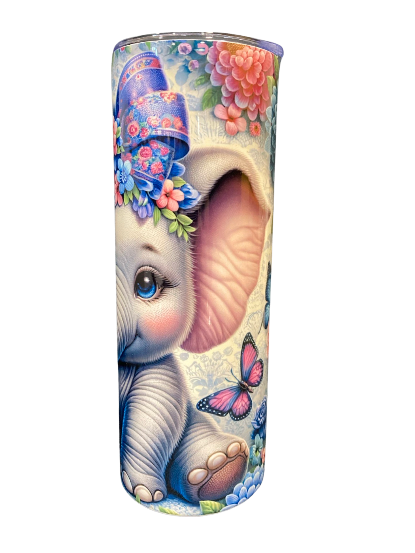 "Floral Elephant" 20oz Personalized Stainless Steel Tumbler with Engraved Name (With Metal Straw and Lid)