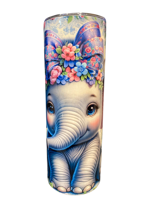 "Floral Elephant" 20oz Personalized Stainless Steel Tumbler with Engraved Name (With Metal Straw and Lid)