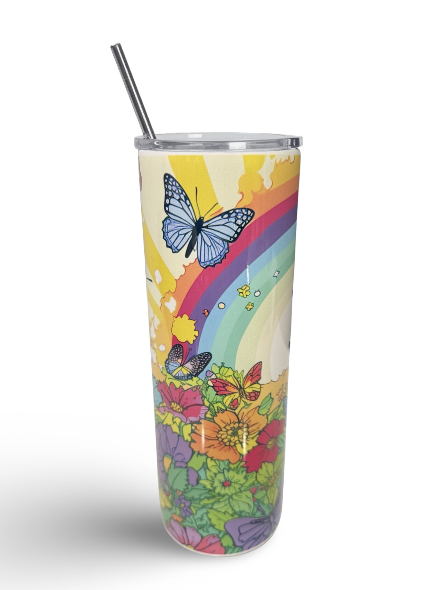 "Rainbow Butterflies & Flowers" 20oz Personalized Stainless Steel Tumbler with Engraved Name