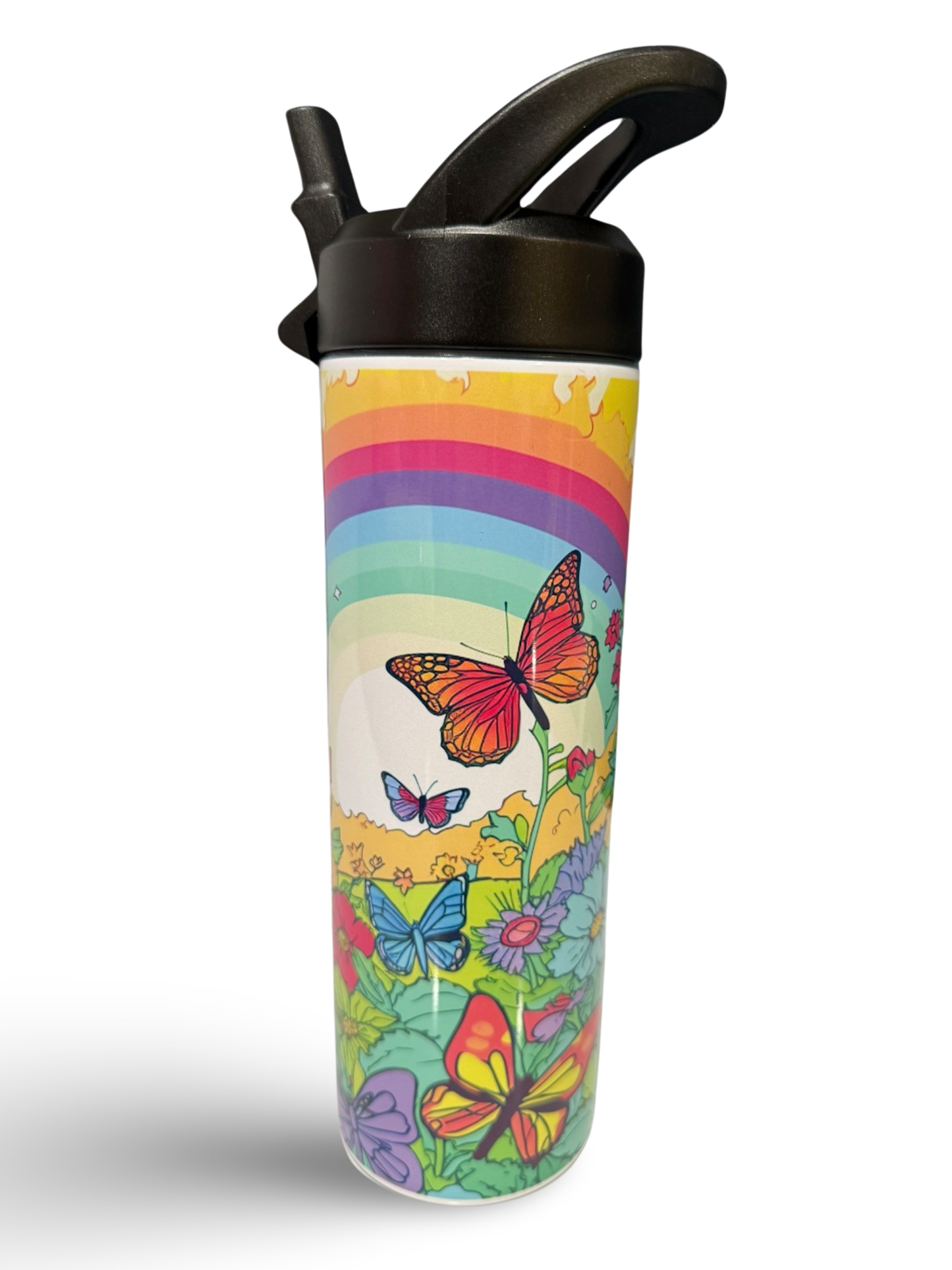 "Rainbow Butterflies & Flowers" 20oz Personalized Stainless Steel Tumbler with Engraved Name