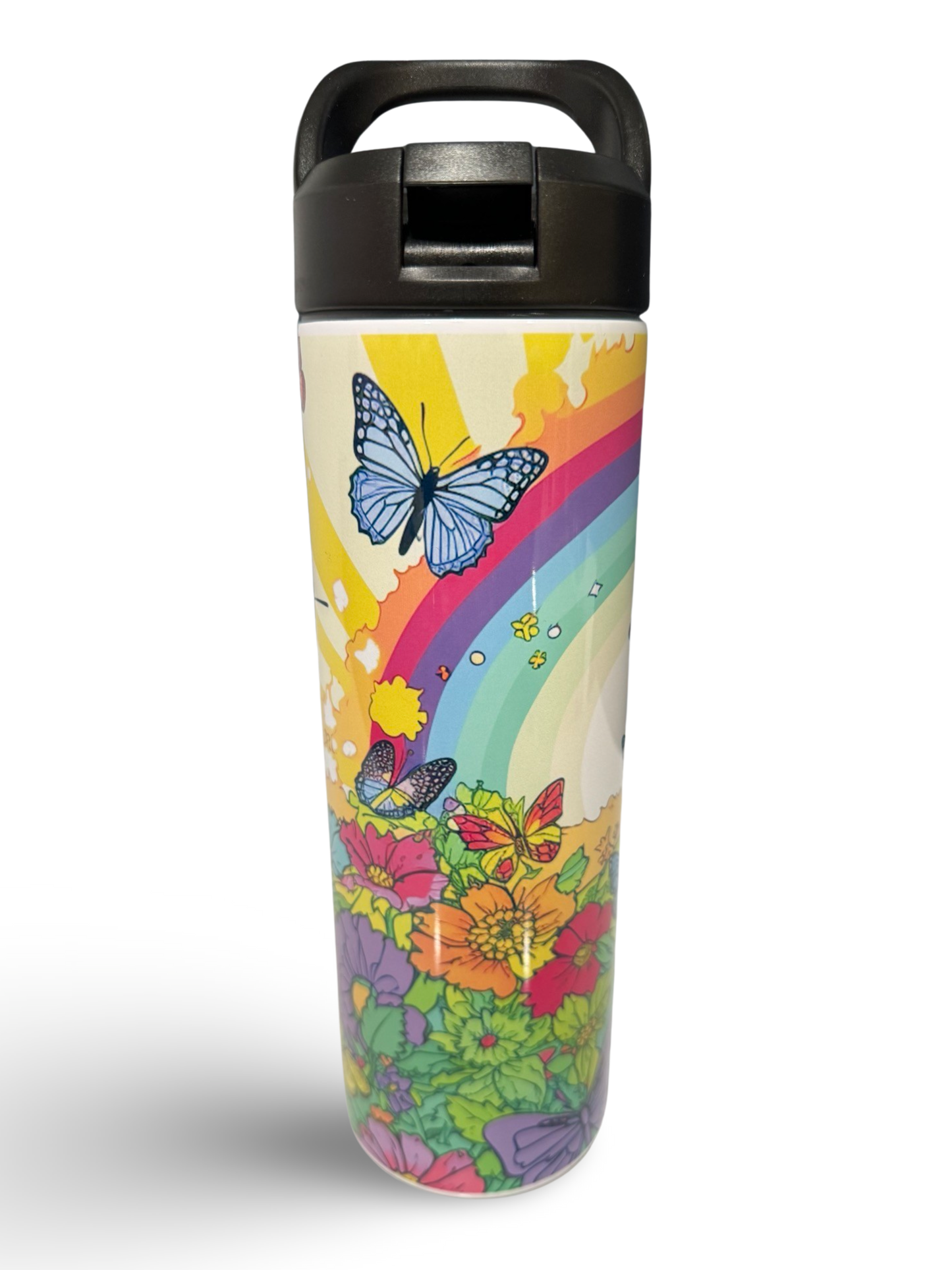 "Rainbow Butterflies & Flowers" 20oz Personalized Stainless Steel Tumbler with Engraved Name